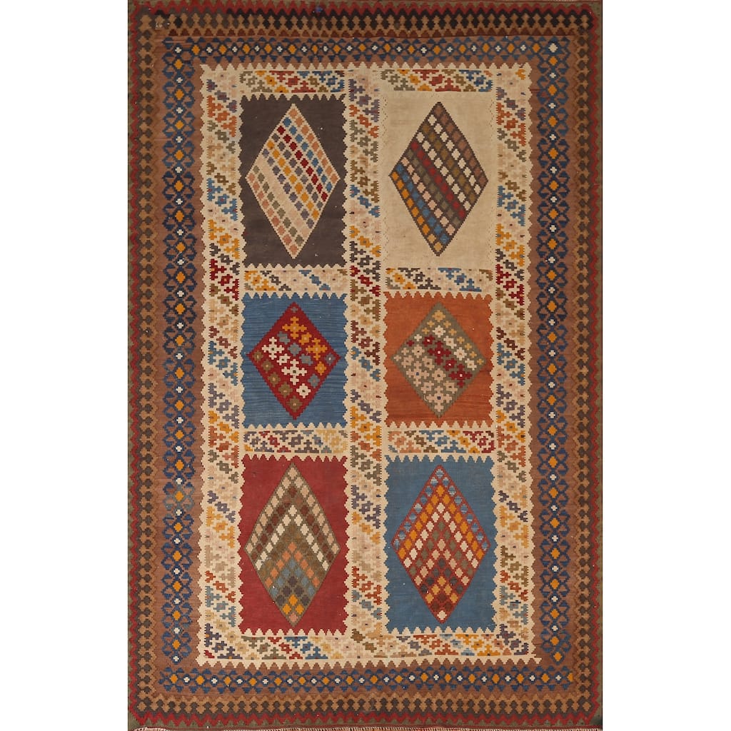 Kilim Qashqai Persian Vintage Rug Hand-Woven Beige Wool Carpet - 5'5"x 8'3"