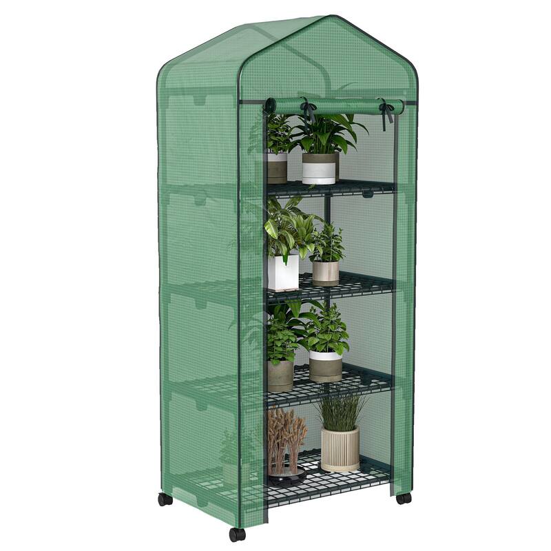 Portable Greenhouse, Outdoor Hot House Plant Flower Greenhouse with 4 Tier Shelves, PE Cover, Green - Metal