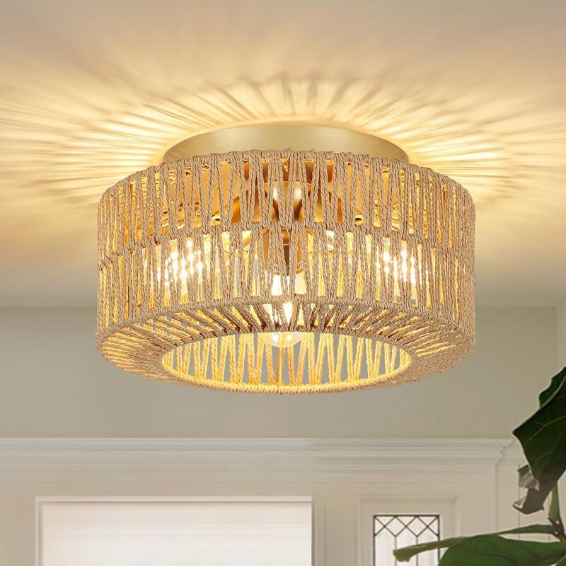 3-Light Rattan Ceiling Light Fixture, Flush Mount Ceiling Light with Hand-Woven Shade, Chandelier for Living Bedroom Entryway
