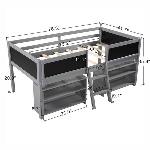 Twin Size Low Loft Bed w/2 Shelves & Decorative Guardrail Chalkboard