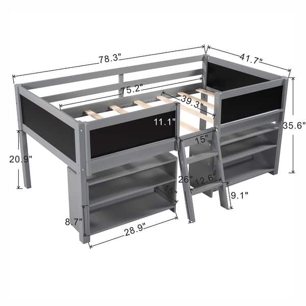 Twin Size Low Loft Bed with 2 Movable Shelves & Ladder, Solid Wood Bed with Decorative Guardrail Chalkboard, Grey