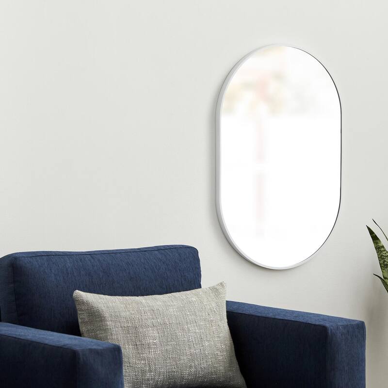 Livabliss Aranya Modern Aluminum Oval Pill-Shaped Accent Mirror - 20"H x 39"W x 1.1"D - White