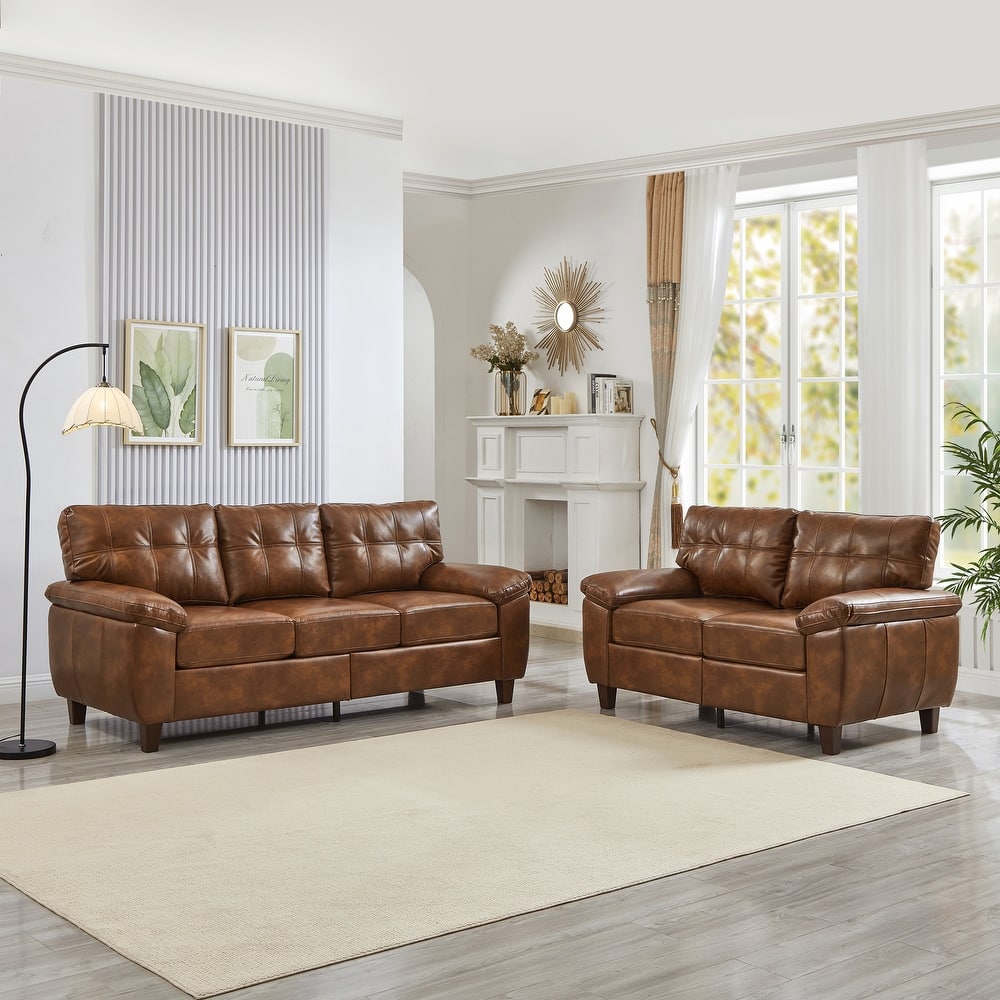 Faux Leather Upholstered Sofa Set of 2 with Loveseat and 3 Seater Couch, Breathable PU Leather Sofa with Storage and Big Armrest