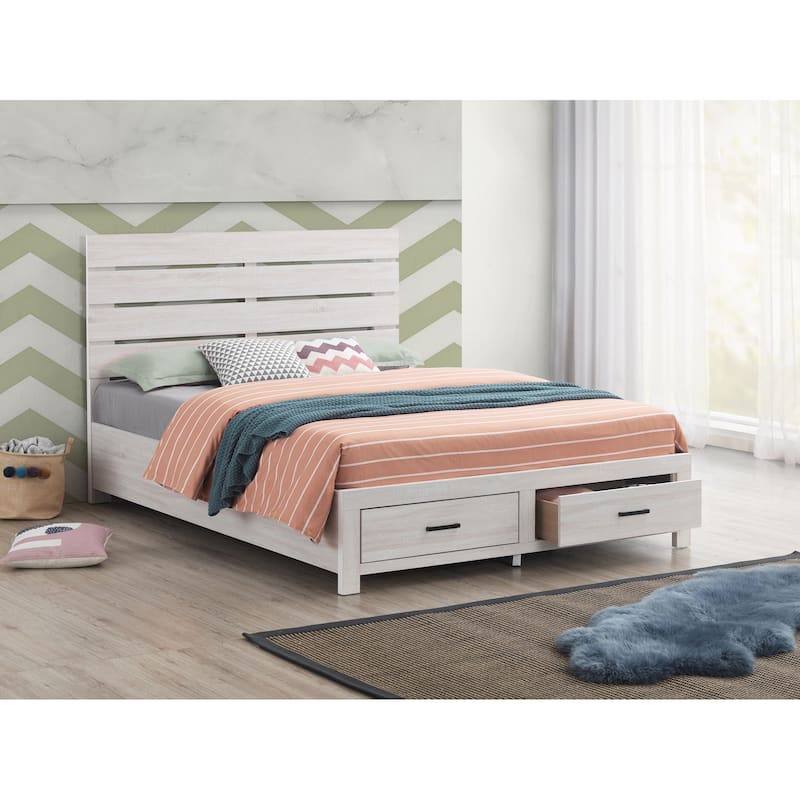 Coastal White Eastern King Platform Bed with Storage Drawers - White