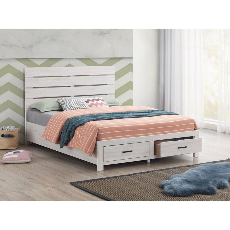 Coastal White Queen Platform Bed with Storage Drawers and Slatted Headboard - White