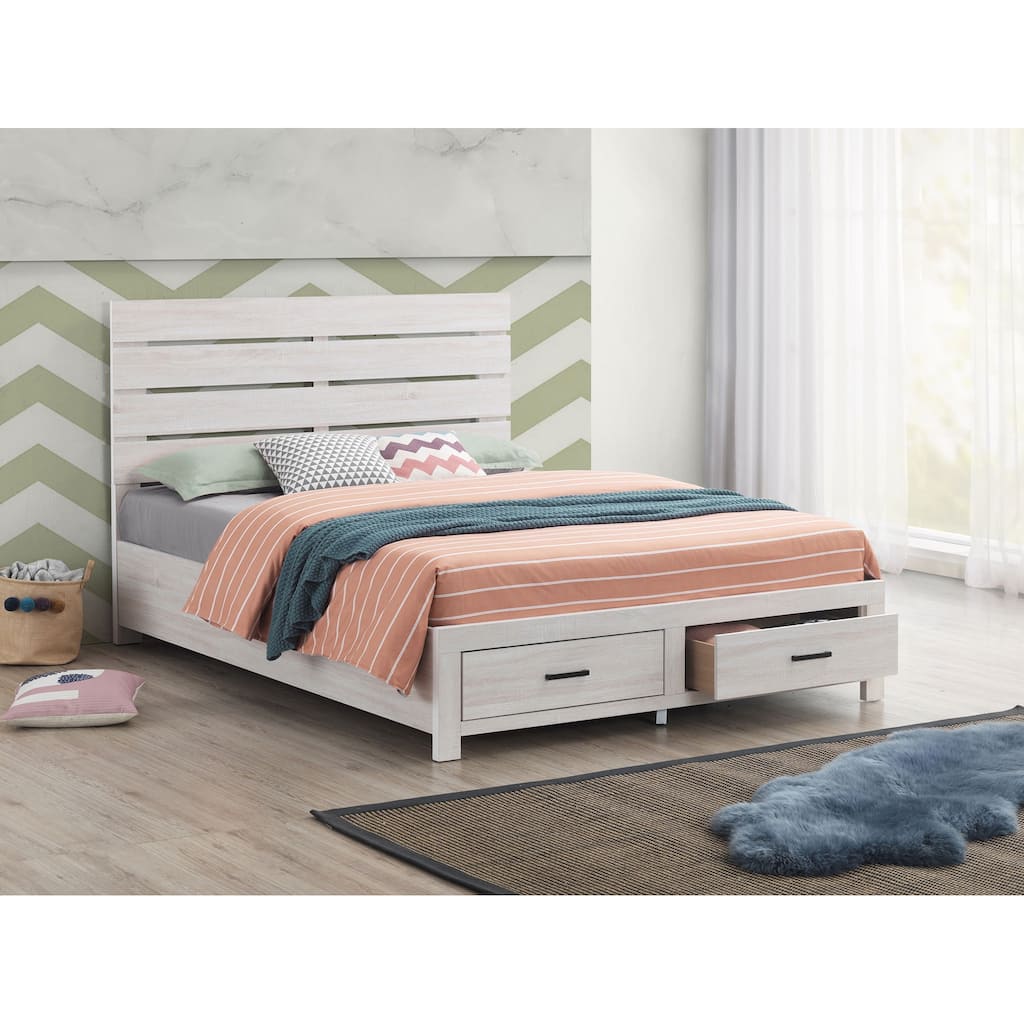 Coastal White Queen Platform Bed with Storage Drawers and Slatted Headboard