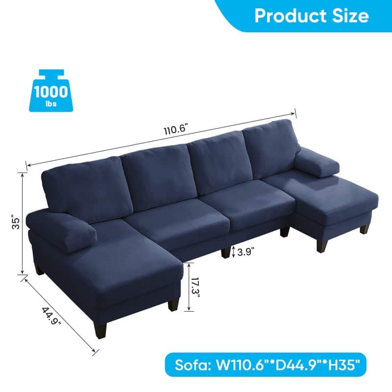 Mixoy W110"Velvet U-Shaped Sectional Sofa Couches,Upholstered 4-Seater Sofa with Double Chaises and Sleepable Armrest