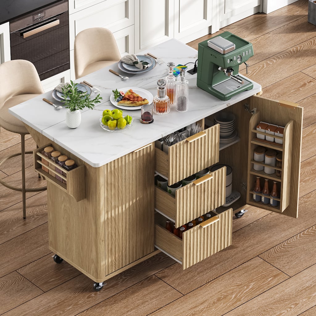 55.5" Modern Fluted Kitchen Island with Curved Edges, Faux Marble Top, Drop Leaf & Power Outlet