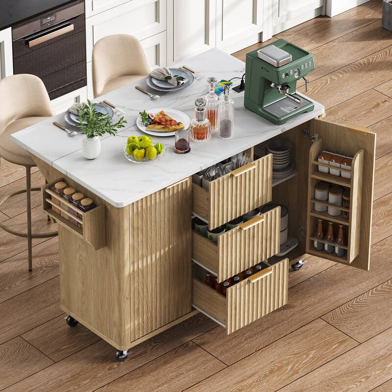 55.5" Storage Power Outlet Kitchen Island with Drop Leaf and 3 Drawers