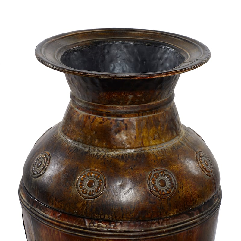 Brown Metal Indoor Outdoor Large Decorative Vase with Floral Relief (Set of 2)