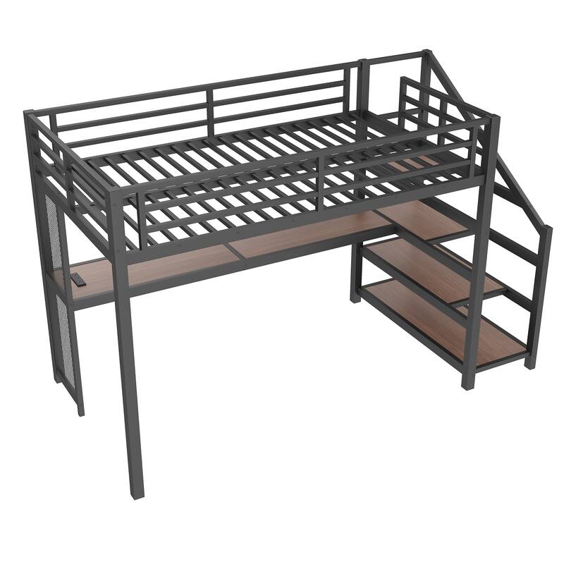 Twin XL Loft Bed with Desk, Storage Stairs & LED Lights - Metal Frame, USB Ports, Noise-Free