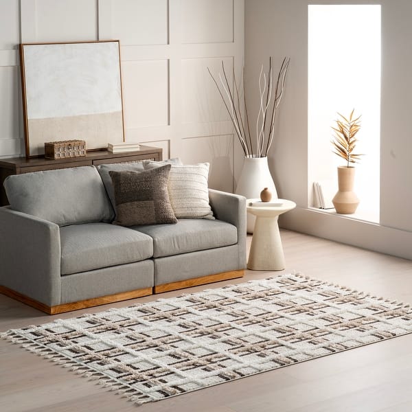 slide 2 of 9, Nuloom Crimson High-Low Plaid Tasseled Area Rug 2' x 8' - Ivory - Runner