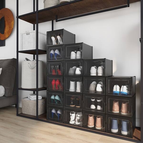 Foldable Plastic Shoe 18pcs black 18 Pack Stackable Shoe Storage Boxes