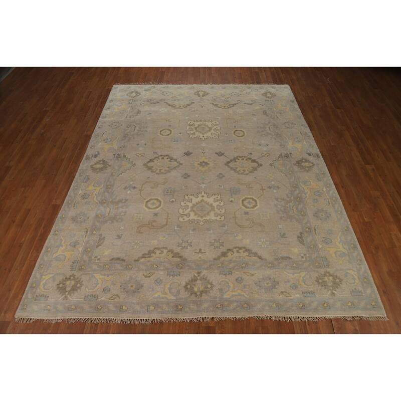 Geometric Beige Oushak Indian Area Rug Hand-Knotted Wool Carpet - 7'10"x 9'10"