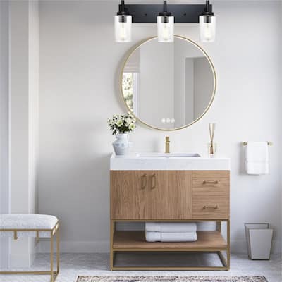 3-Light Black Vanity Light with Seeded Glass Shades