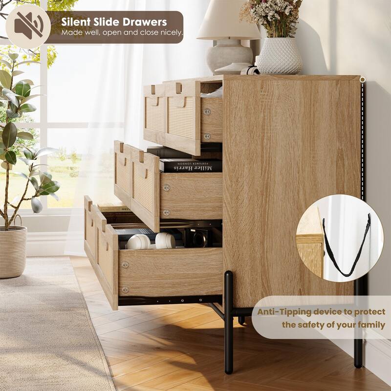 5/6 Drawer Dresser for Bedroom, Natural Rattan Modern Wooden Dresser, Farmhouse Storage Cabinet Chest