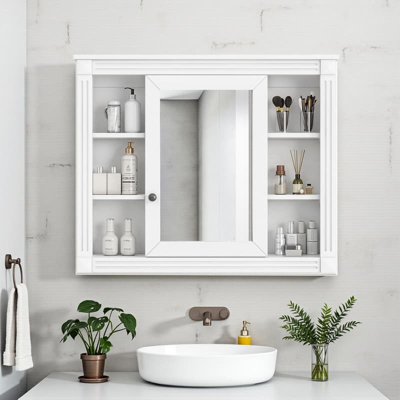 35" x 28" Wall-Mounted Medicine Cabinet, Modern Bathroom Mirror Storage Cabinet with 6 Open Shelves