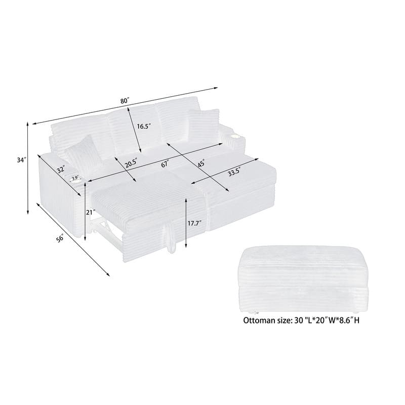 80" Cordylona Sofa, Cup Holder, Ottoman Storage