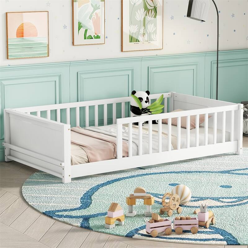 Twin Size Wood Floor Platform Bed with Built-in Book Storage Rack - White