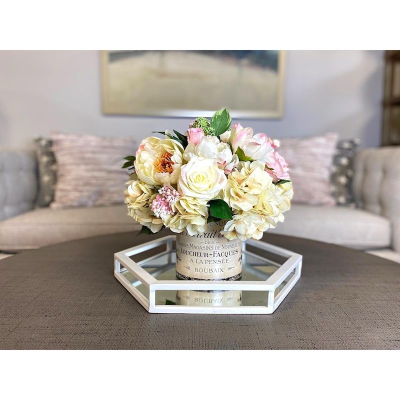 Rose and Hydrangea Arrangement in Label Vase - Pink, Cream, Green