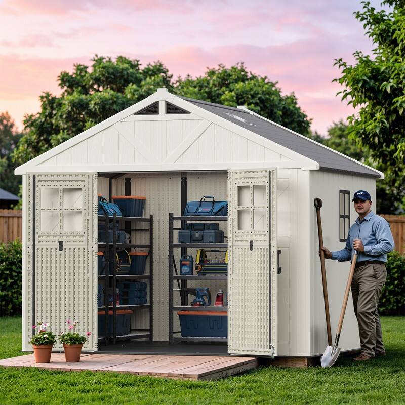 Patiowell 10 X 8 FT&10 X10 FT &10 X12 FT 10 X14 FT Resin Outdoor Storage Shed With Floor ,Weather Resistant Shed for Garden - 10 X 8