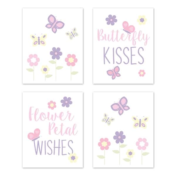 slide 2 of 6, Butterfly Collection Wall Decor Art Prints (Set of 4) - Pink and Purple Floral Flower Garden Kisses and Wishes
