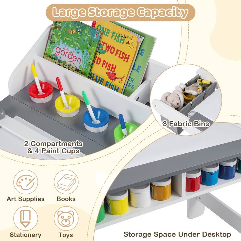 Gymax Wooden Kids Art Table & Chair Set w/Paper Roll&Fabric Bins for