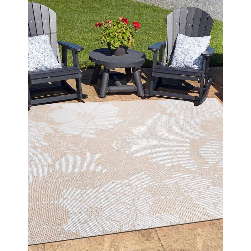 World Rug Gallery Modern Floral Flowers Textured Flat Weave Indoor/Outdoor Area Rug - 7'10"X10' - Natural