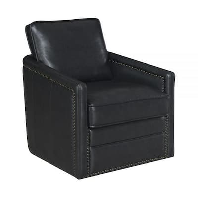 Roco 34 Inch Accent Chair with Swivel, Faux Leather Upholstery, Black
