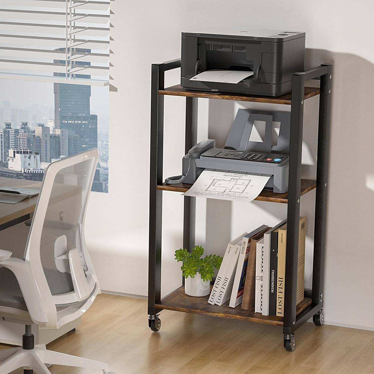 3 Tier Movable Printer Stand,Fax Machine Scanner Adjustable Storage
