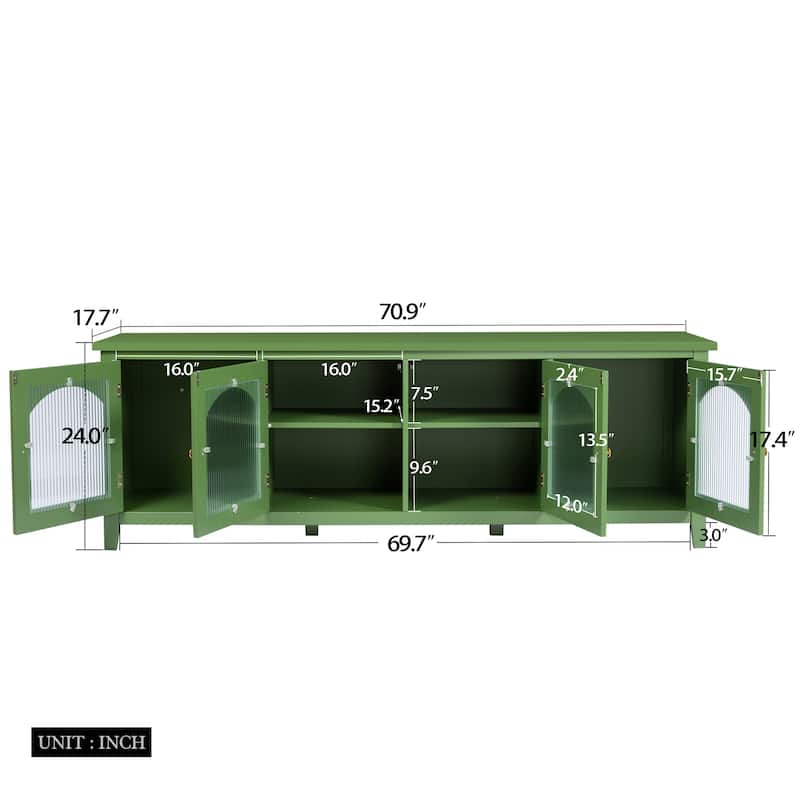 71" Modern TV Stand, Entertainment Center Media Console, Solid Wood Frame TV Cabinet with Changhong Glass Doors & Metal Handles