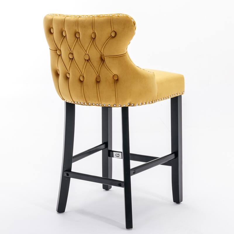 Velvet Wingback Bar Stools Set of 2, Button Tufted Dining Chairs with Footrest, Upholstered Counter Stools with Wooden Legs