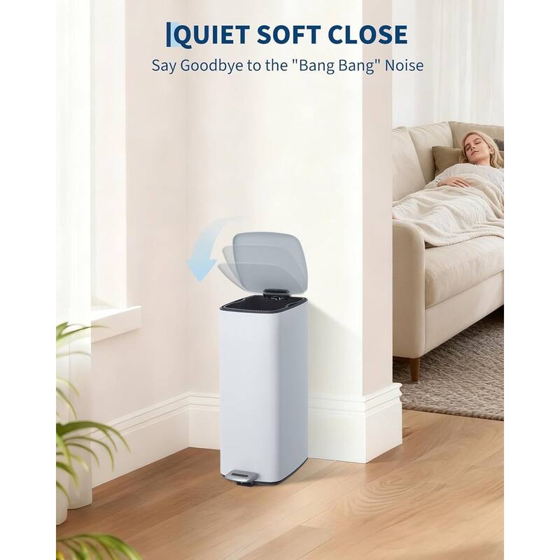 8 Gal / 30L Square Step Trash Can Stainless Steel with Lid and Inner Bucket White