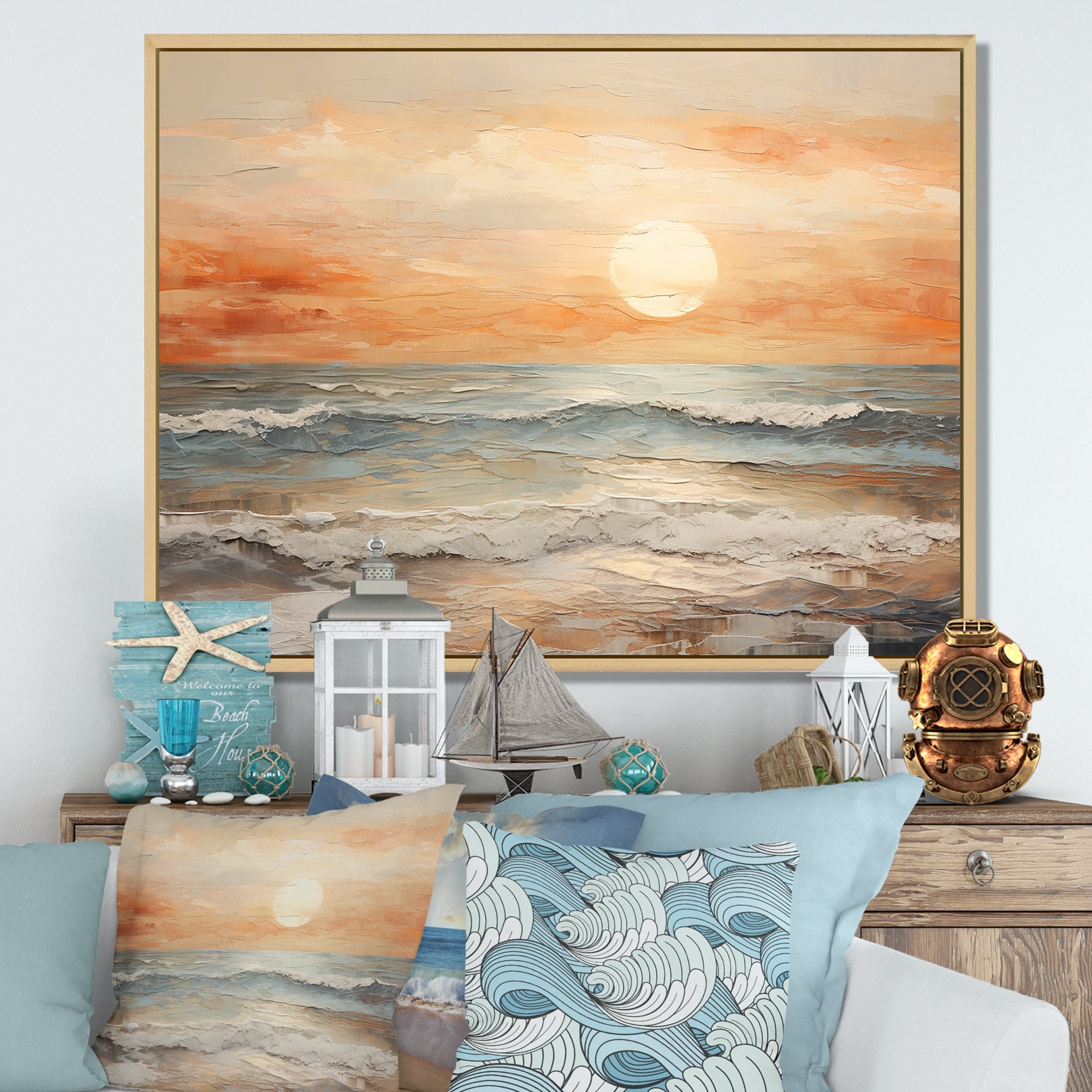 Designart "Beige And Golden Beach Sunset Paradise II" Coastal Sunset Framed Wall Decor