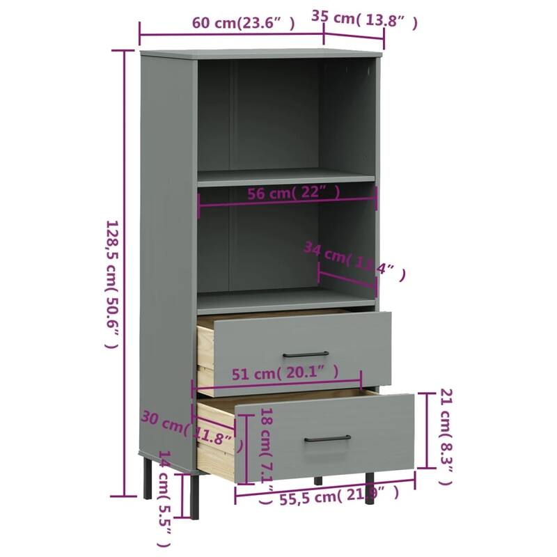 vidaXL Bookshelf Book Cabinet with 2 Drawers Storage Cabinet OSLO Solid Wood - 23.6" x 13.8" x 50.6"