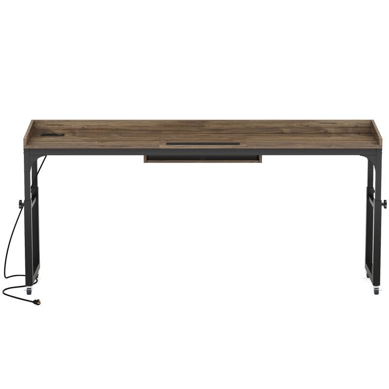 35.4" to 43.3" Height Adjustable Overbed Table with Wheels, 70.8" Queen Size Mobile Laptop Desk, Built-in Outlets & USB Ports