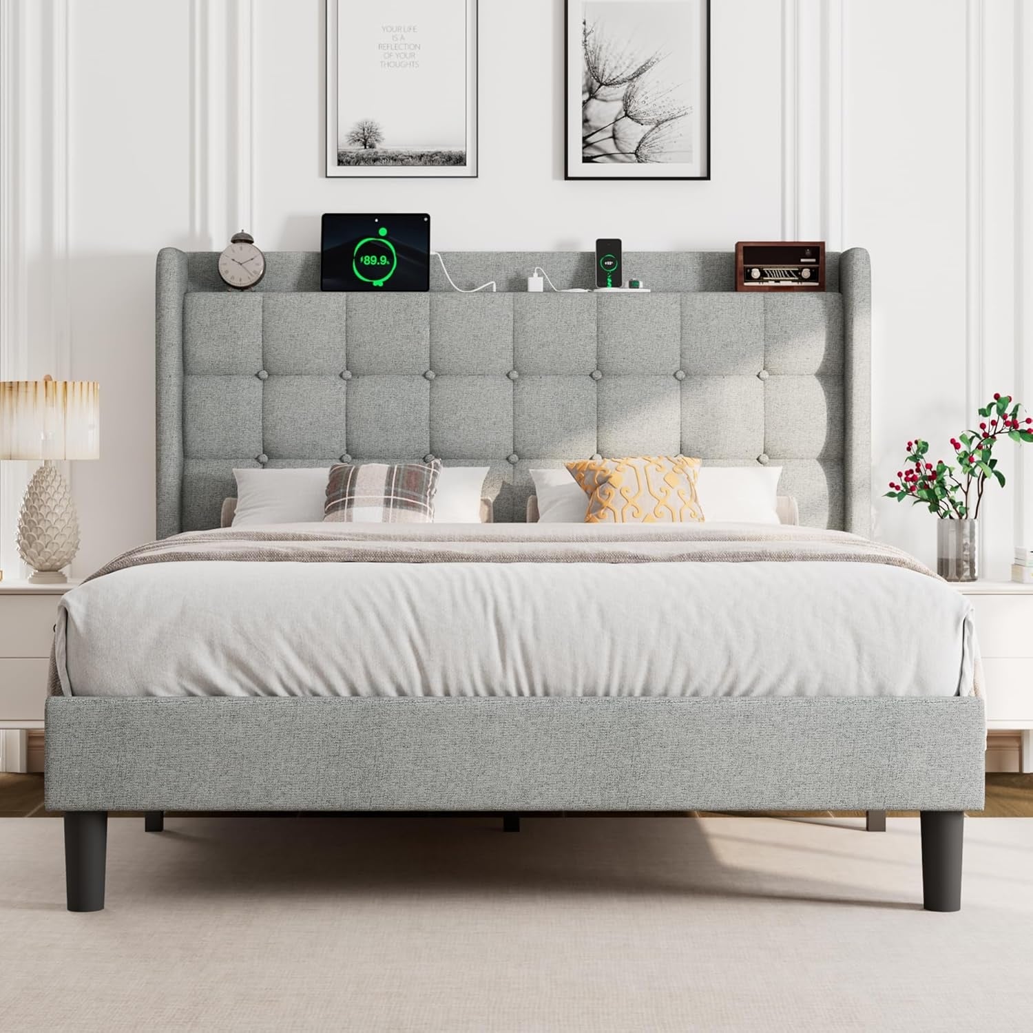 Modern Upholstered Platform Bed with USB Charging Station, Wingback Storage Headboard, Light Gray