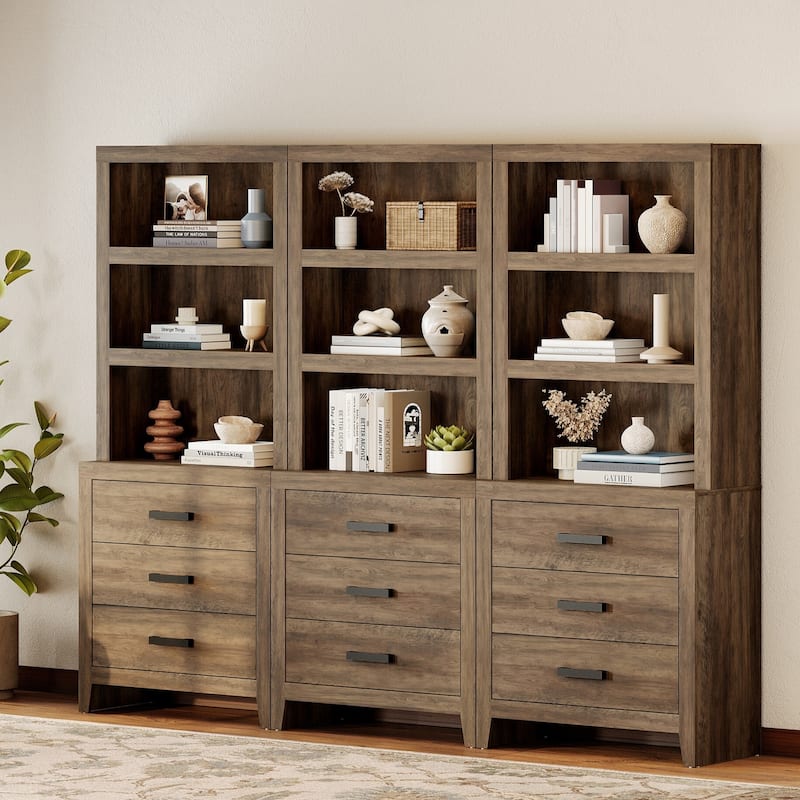 3-Tier Bookshelf with 3 Large Drawers, 74" Tall Farmhouse Bookcase with Wide Metal Handles, for Living Room, Office, Library - 93" Wide - Brown