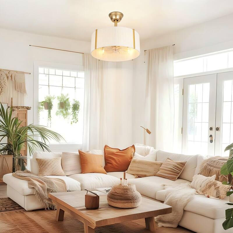 4-Light Modern Farmhouse Drum Ceiling Fan Lighting with 7 Clear ABS Blades and Remote Control - 19.29 in. W × 7.48 in. H