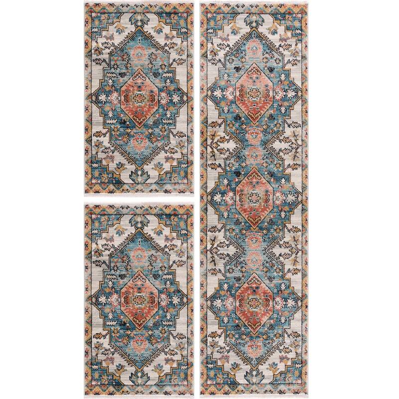 Traditional Bordered Vintage Teal Turquoise Ivory Orange Area Rug ...
