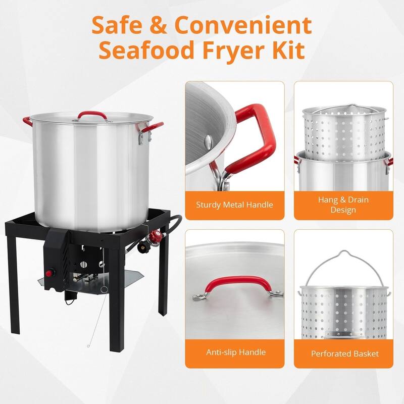 Seafood Boil Pot and Burner Kit, Aluminum Stock Pot with Strainer On