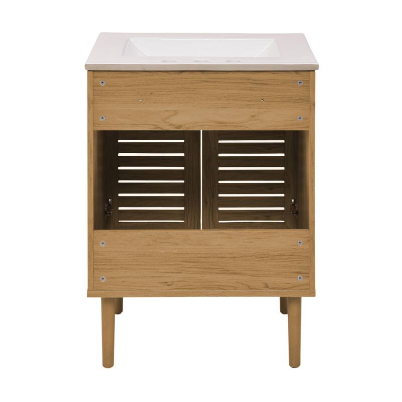 Bron 24 In. Brown Oak Bathroom Vanity With White, 3-Hole Ceramic Sink Top