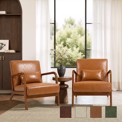 2 Set Mid-Century Modern Faux Leather Accent Chairs with Cushion