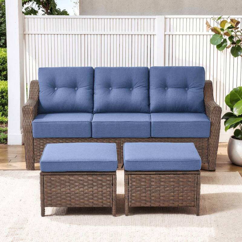 Outdoor 3-Seat Sofa with Ottomans - Brown Wicker & Blue Cushion - 3PCS Sofa with Ottoman