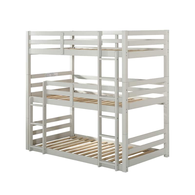 Wooden Twin Size Triple Bunk Bed in Light Gray Finish - Light Gray - Twin
