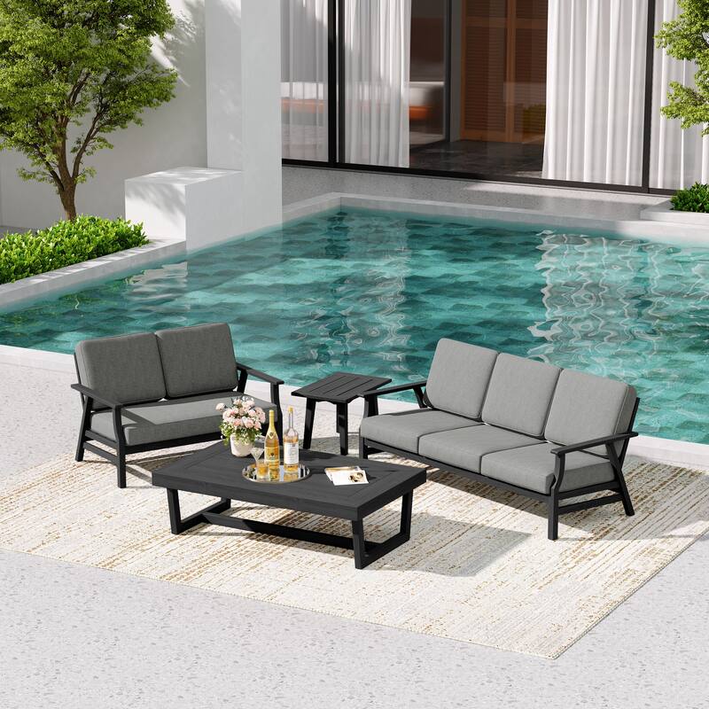 Teak Outdoor Seating Set with Daybed & Tables.