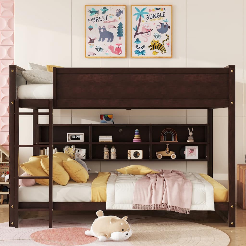 Queen Over Queen Bunk Bed with Built-in Storage Cabinets, Charging Station, Ladder & Safety Guardrails, Brwon