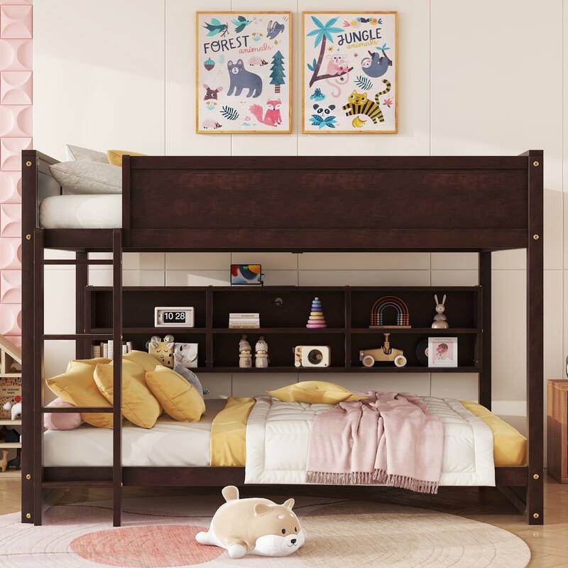 Queen Over Queen Bunk Bed with Built-in Storage Cabinets,Charging Station,Ladder,Safety Guardrails,Solid Pine Wood Bunk Bed - Brown