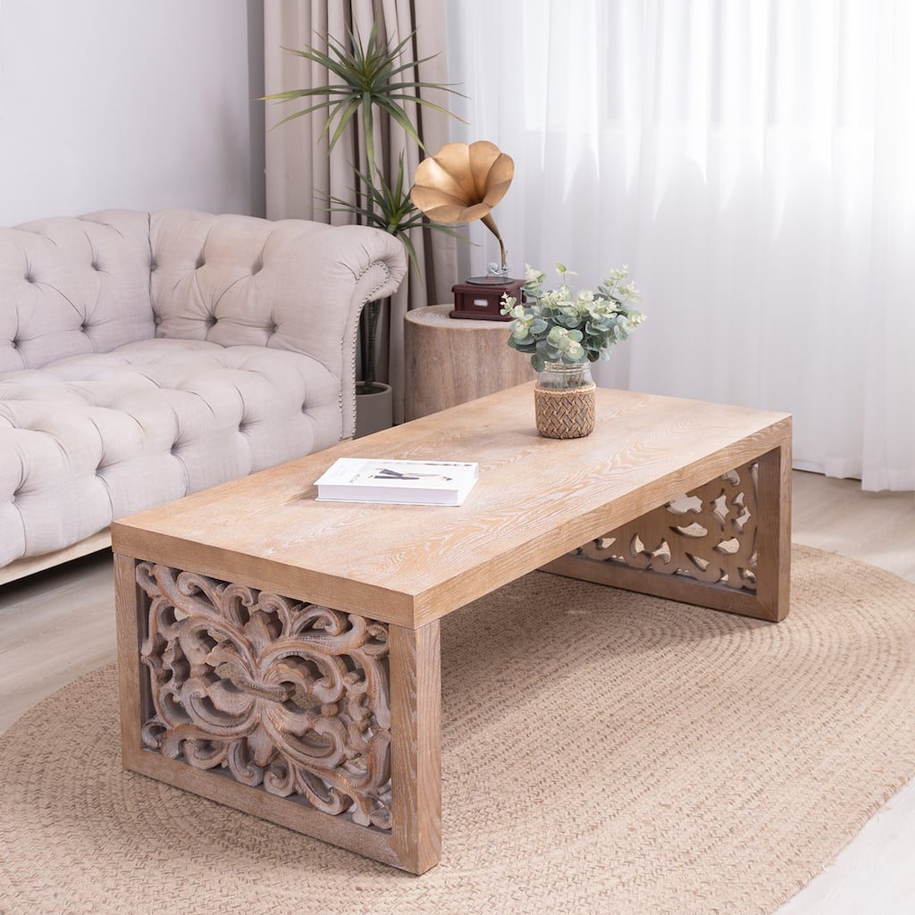 47.2" Carved Wood Coffee Table - Handcrafted Look with Ornate Side Panels