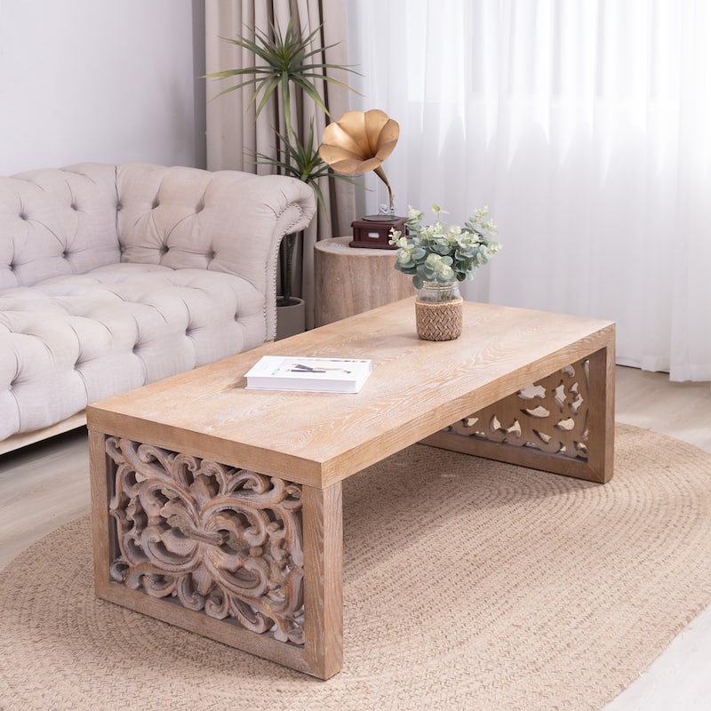 Roomfitters Rustic Carved Wood Coffee Table 47 Inch Handcrafted Look Ornate Side Panels Living Room Furniture, Natural